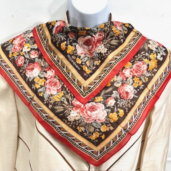 New Yvest Saint Laurent  Mini Scarf handker 19" cotton orang pink green flora(92 - Picture 5 of 7
